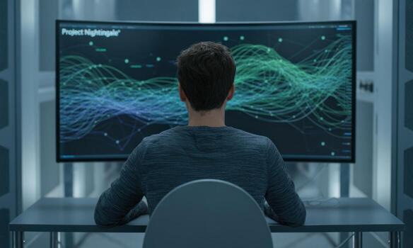 Data scientist analyzing complex digital information on large curved monitor in modern lab photo