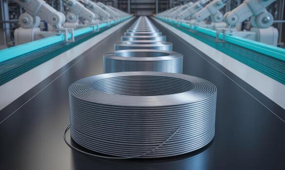 Shiny metal wire coils moving on an automated conveyor belt in a modern industrial factory photo