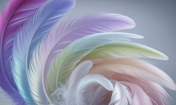 Soft pastel feathers arranged in a gentle fanned curve with a smooth color gradient photo