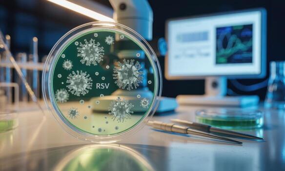 Microscopic view of RSV viruses in a petri dish on a laboratory desk with scientific equipment photo