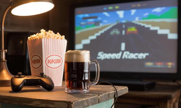 Retro game night with classic racing game, popcorn, root beer, and a controller photo
