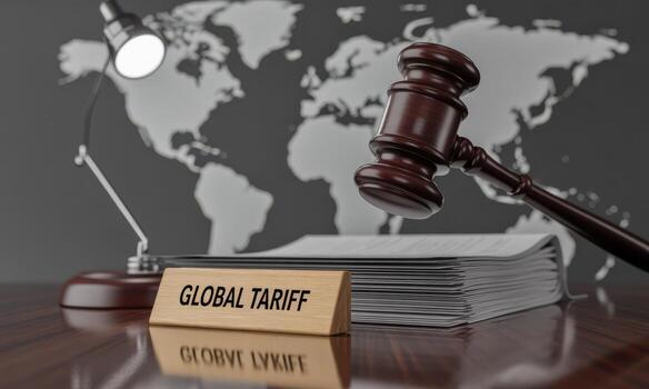 Global tariff policy and international trade law represented by gavel and world map photo