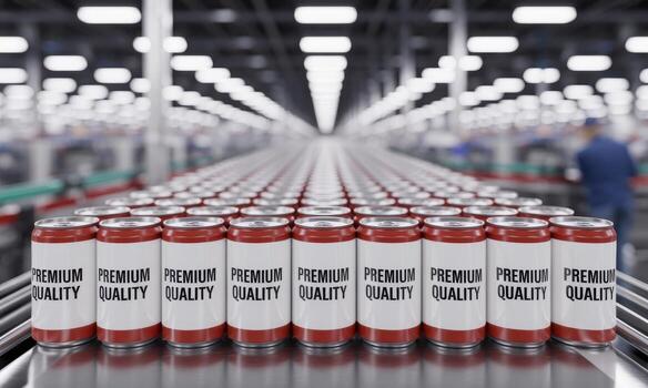 Premium quality cans moving on an automated production line in a modern factory photo