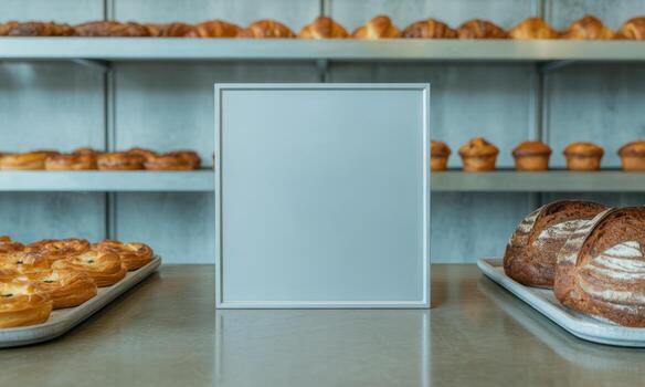 Blank square white metal frame on a counter in a modern minimalist bakery with pastries photo