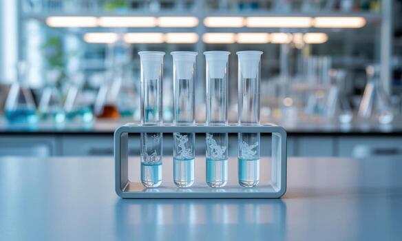 Four glass test tubes with blue liquid in a rack on a modern laboratory counter photo
