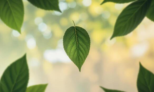 Vibrant green leaf floating in the center with blurred natural background and framing leaves photo