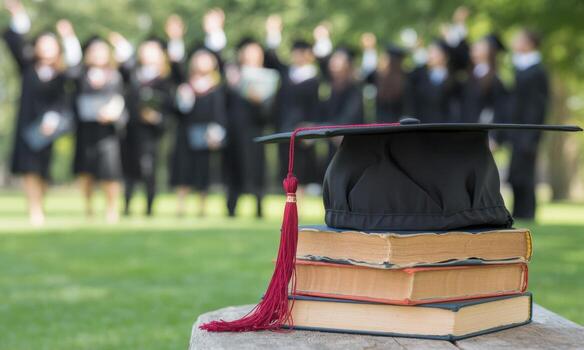 Black graduation cap with red tassel on stack of old books, celebrating graduates in blur photo