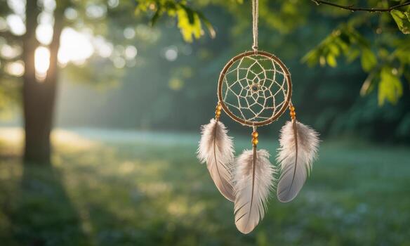 Detailed dreamcatcher with feathers and beads hanging in nature, illuminated by soft morning sunlight photo