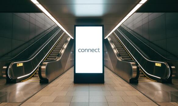 Contemporary subway station with symmetrical escalators and a prominent blank digital display photo