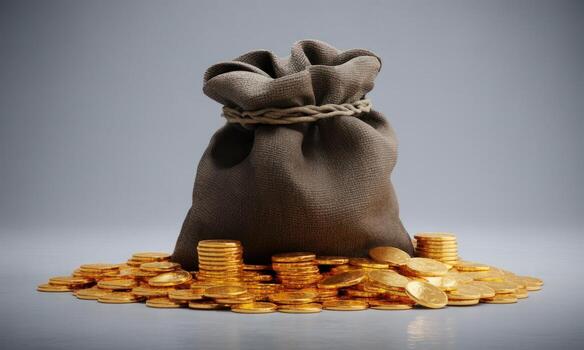 grande oscuro marrón lona dinero bolso desbordante con brillante oro monedas en un gris antecedentes. foto