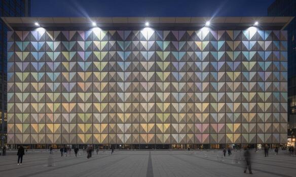Modern building facade with dynamic geometric pattern and colorful reflections at night photo