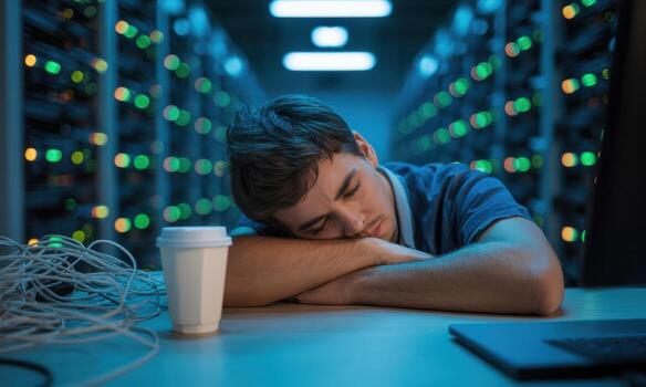 Exhausted IT technician sleeping at workstation in a dimly lit server room photo