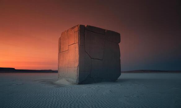 Minimalist concrete monolith in a barren desert under a vibrant sunset sky photo