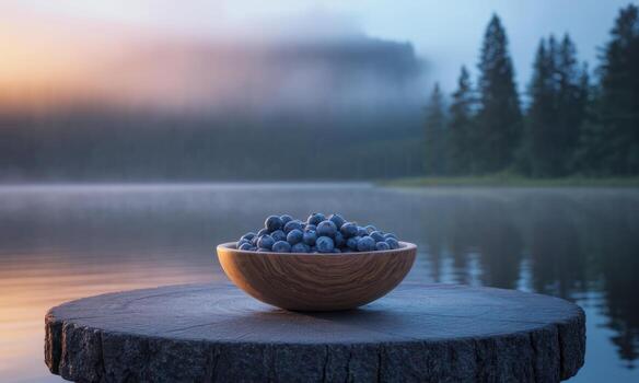 Fresh blueberries in a wooden bowl on a stone platform by a serene misty lake at dawn photo