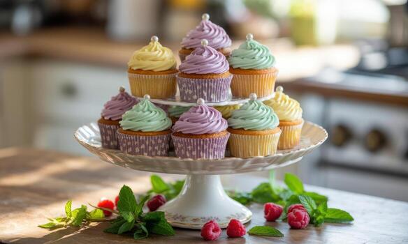 Elegant tiered display of nine pastel cupcakes with swirl frosting and pearl accents photo
