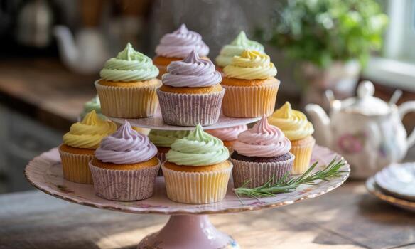 Colorful cupcakes with pastel swirl frosting in lavender, mint, and lemon on a pink cake stand photo