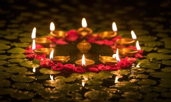 Nine glowing brass diyas arranged in a star pattern, floating on a dark pond at night photo