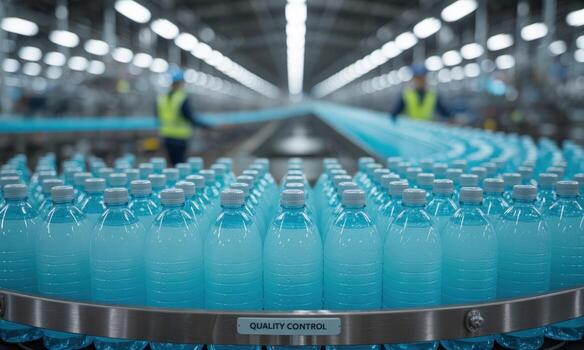 Automated production line with blue liquid bottles on conveyor belt in modern factory photo
