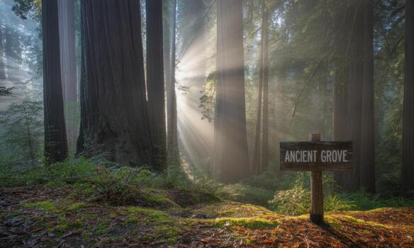 Ethereal sun rays piercing through a foggy redwood forest with an ancient grove sign photo