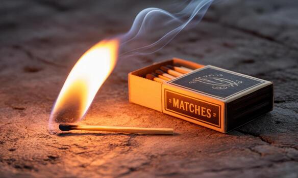 brillantemente ardiente partido fuego siguiente a un abierto Clásico cajita de cerillas en un oscuro de madera superficie foto