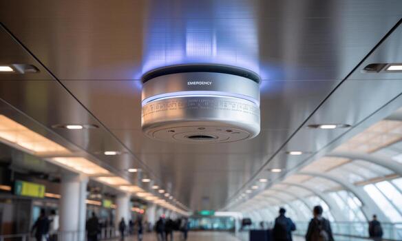 Futuristic emergency beacon device with blue light on a modern airport terminal ceiling photo