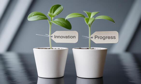 Green seedlings with innovation and progress tags in white pots, symbolizing business growth and development photo