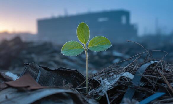 Vibrant green seedling with dew drops emerging from a pile of garbage and debris in an industrial setting photo