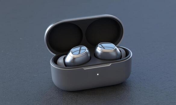 Professional hyper realistic photo of polished silver wireless earbuds in open charging case