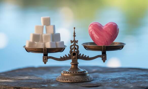 Antique balance scale comparing a stack of white sugar cubes with a pink heart for health. photo