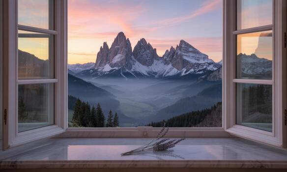 majestuoso montaña paisaje a amanecer visto mediante un abierto ventana con un lavanda puntilla foto