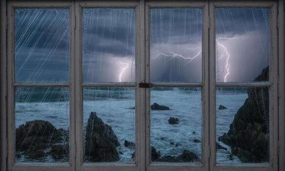 Dramatic stormy ocean view with lightning and heavy rain seen through a rustic window pane photo