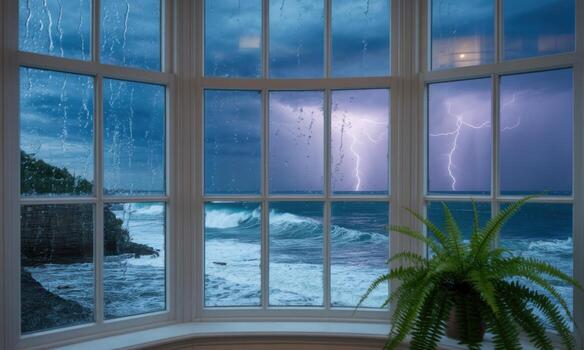 Dramatic stormy ocean view with lightning strikes seen through a rain streaked bay window photo