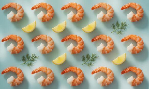 Seamless pattern of perfectly cooked, peeled shrimp with fresh lemon and dill on blue photo