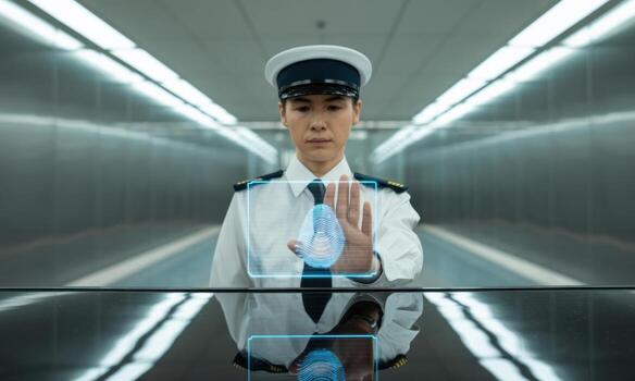 Female security officer verifying identity with a futuristic palm scan hologram photo