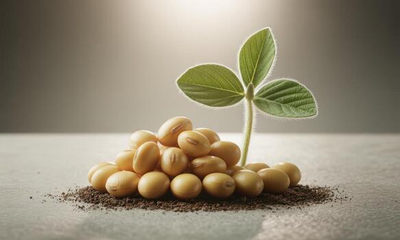 Soybean seeds and a vibrant green sprout emerging from soil, symbolizing growth and agriculture photo