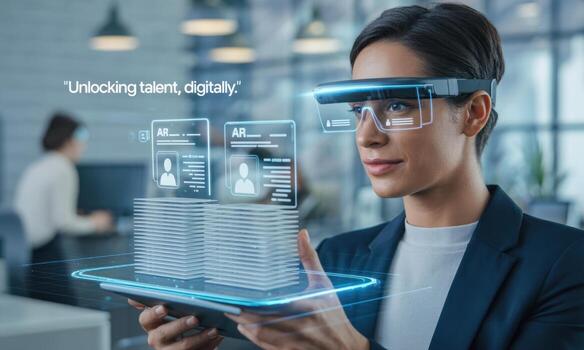 Tech recruiter woman using augmented reality glasses to review digital resumes photo