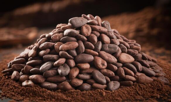 Extreme close up of a scattered pile of rich, dark brown cocoa nibs on cocoa powder photo