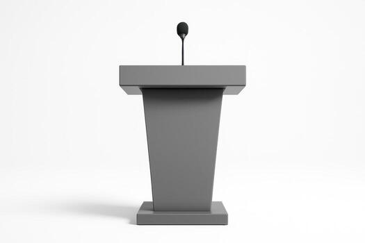 Modern minimalistic grey podium with a sleek black microphone for speeches and presentations photo