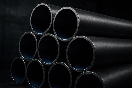 Close up view of stacked industrial metal pipes forming a pattern on a dark background photo