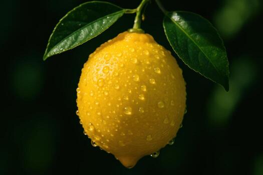 Ultra photorealistic macro shot of a single dew kissed yellow lemon on its branch photo