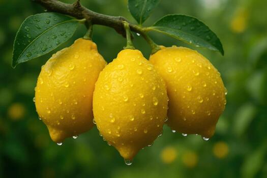 Three plump yellow lemons with sparkling water droplets hanging from a tree branch photo