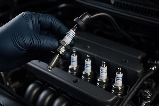 Mechanic in blue nitrile glove holding new spark plug with ignition cable for car engine photo