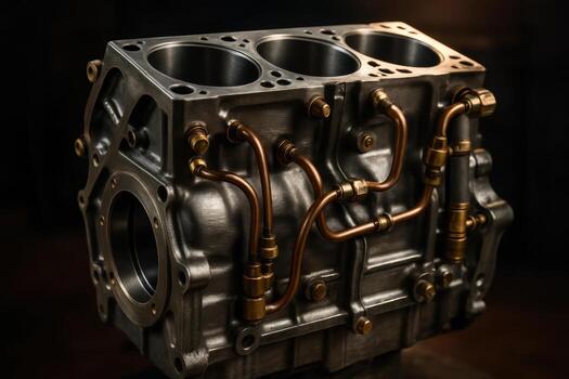 High detail modern internal combustion engine block with copper tubing and metallic finish photo