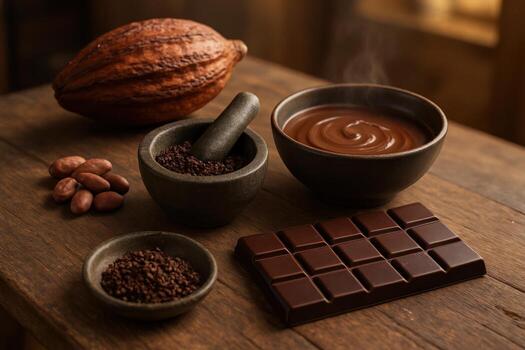 Journey of chocolate, cocoa pod, beans, nibs, melted chocolate, and bar on rustic wood photo