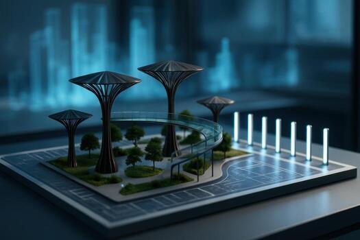 Conceptual photo of a futuristic urban park architectural model with stylized metallic trees and elevated glass walkway