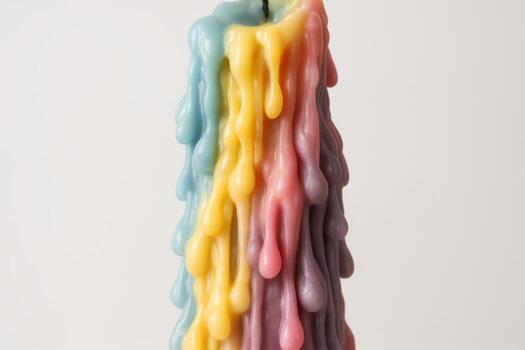 Vibrant glossy pastel wax drips creating an abstract pattern on a melting candle photo