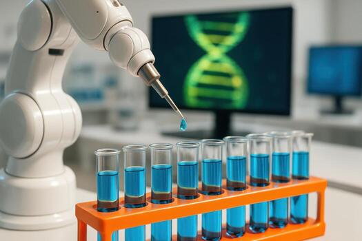 Robotic arm precisely dispensing blue liquid into test tubes in a modern science laboratory photo