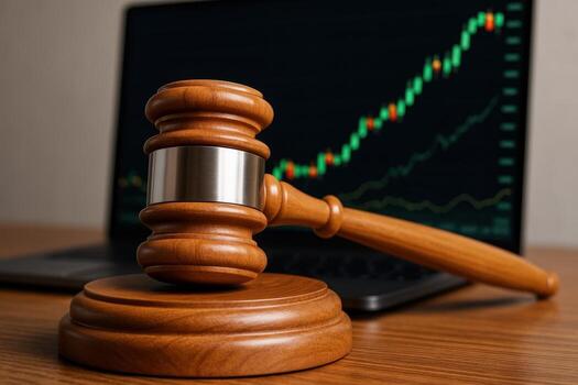 Wooden gavel resting on a table with a laptop displaying a vibrant stock market graph photo