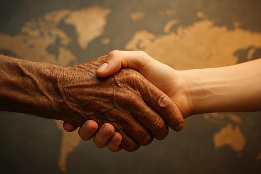 Diverse hands shaking, one old and one young, symbolizing global unity and partnership photo