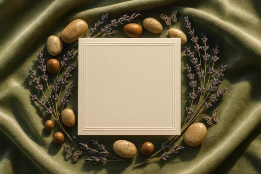 Blank square invitation card with embossed border, lavender, and stones on green velvet flat lay photo